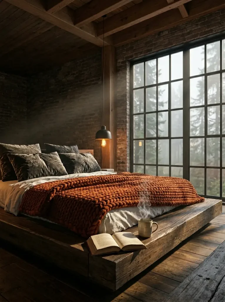 Rustic cabin bedroom with brick wall