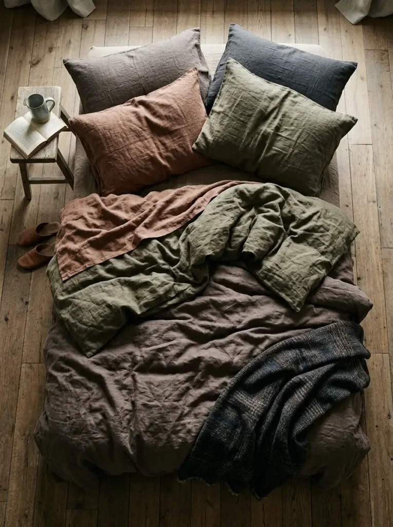 Rumpled linen bedding in earth tones