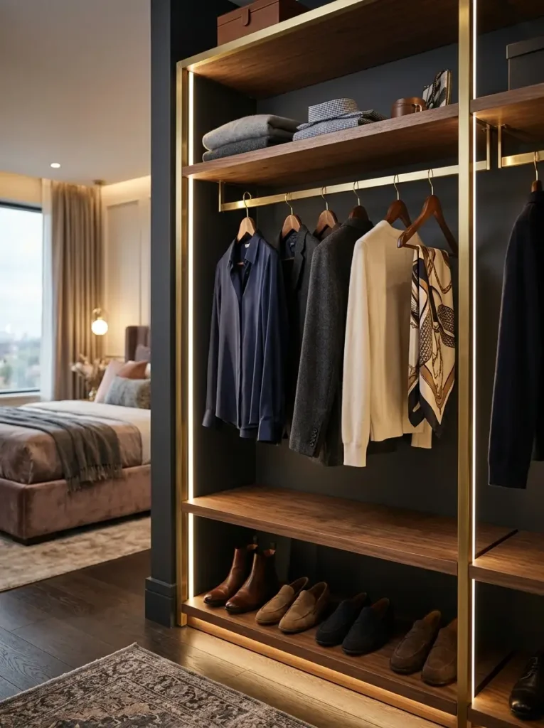 Open walnut closet system with glowing led strips showcasing curated clothes