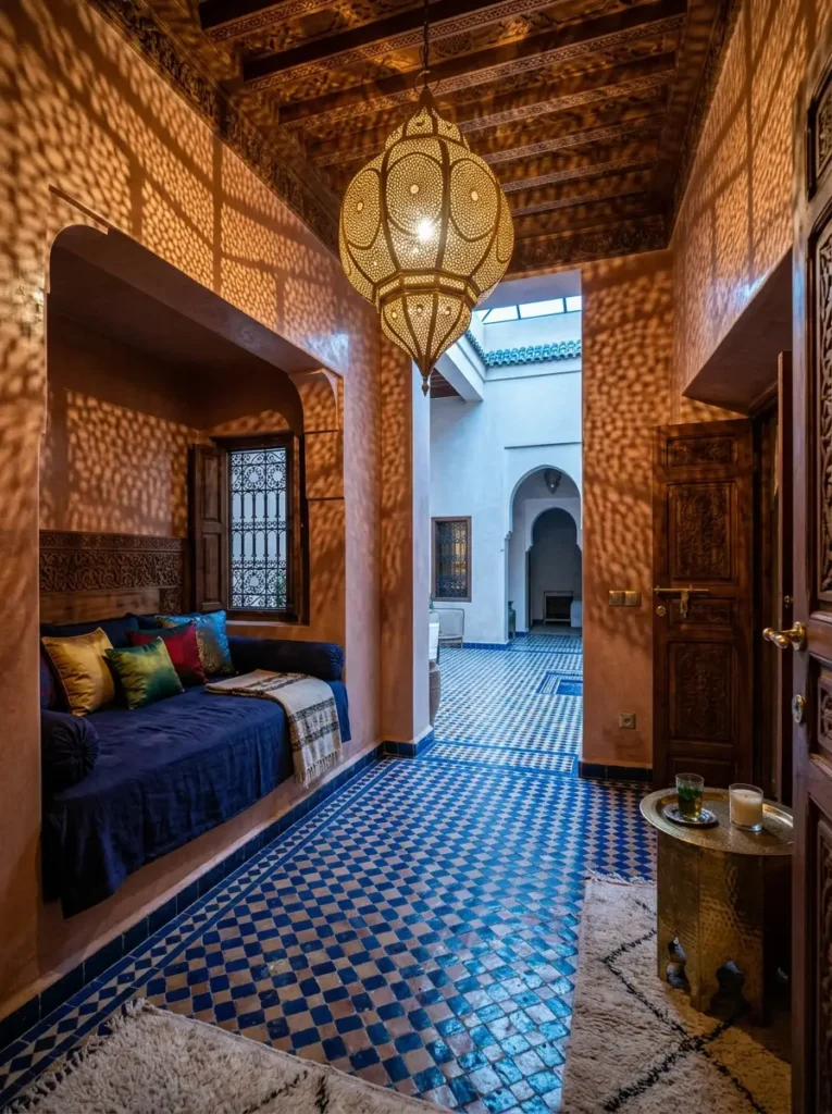 Ornate Moroccan bedroom with blue mosaic floors a pierced brass lantern casting shadows on pink walls and an open courtyard door.