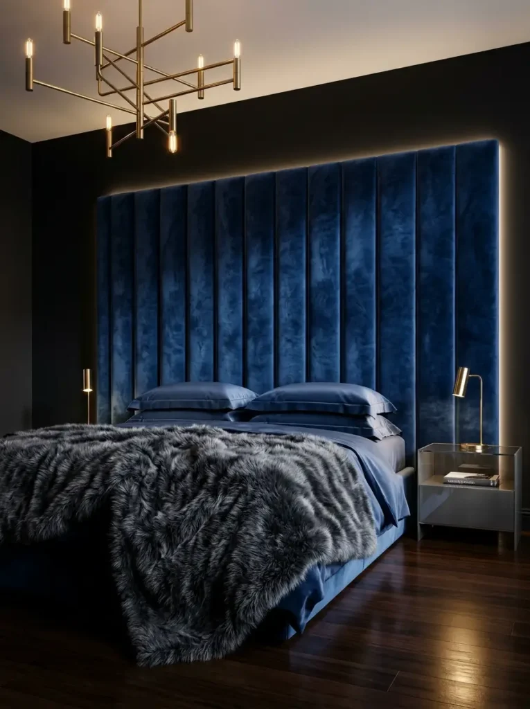 Navy velvet bedroom with gold chandelier