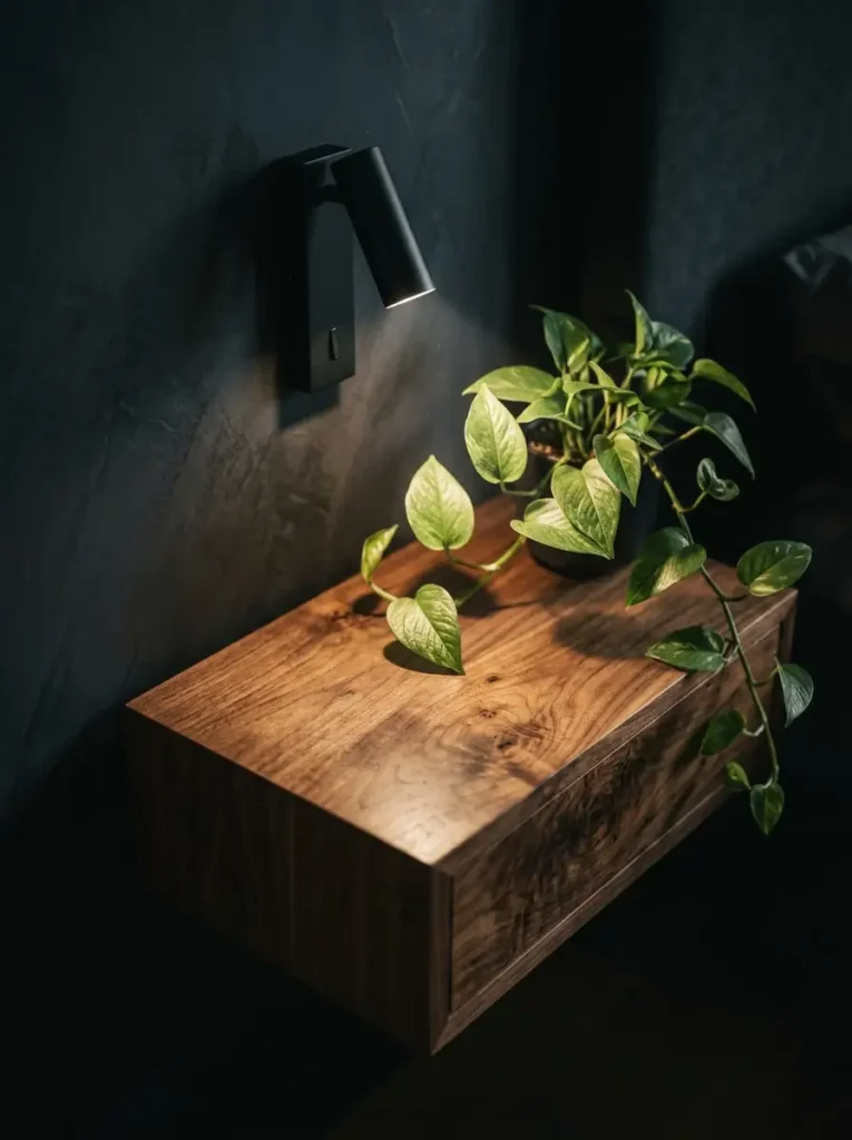 Matte black wall sconce shining on wood shelf