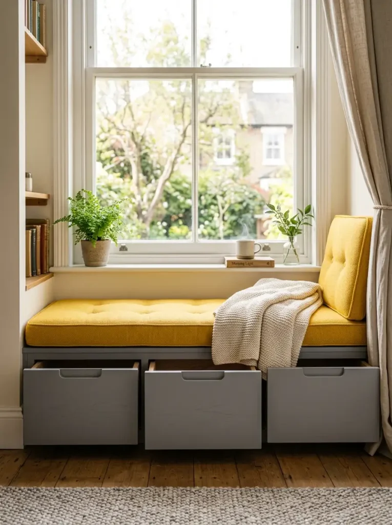 Yellow cushioned window seat with pull-out drawers underneath.