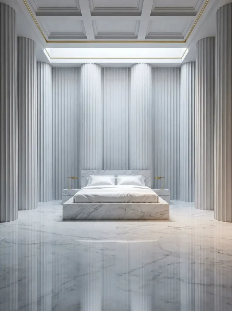 Grand white bedroom surrounded by towering classical fluted columns a solid marble bed frame and highly polished floors.