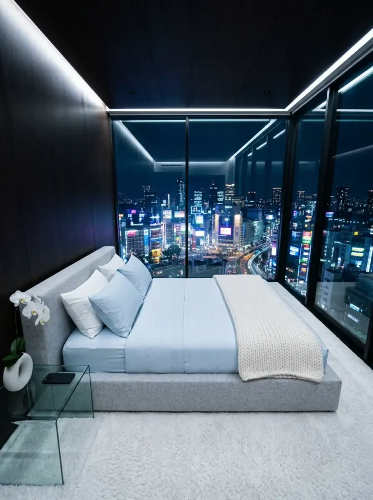 City view bedroom with glass table