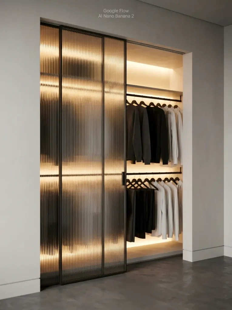 Fluted reeded glass closet doors with light