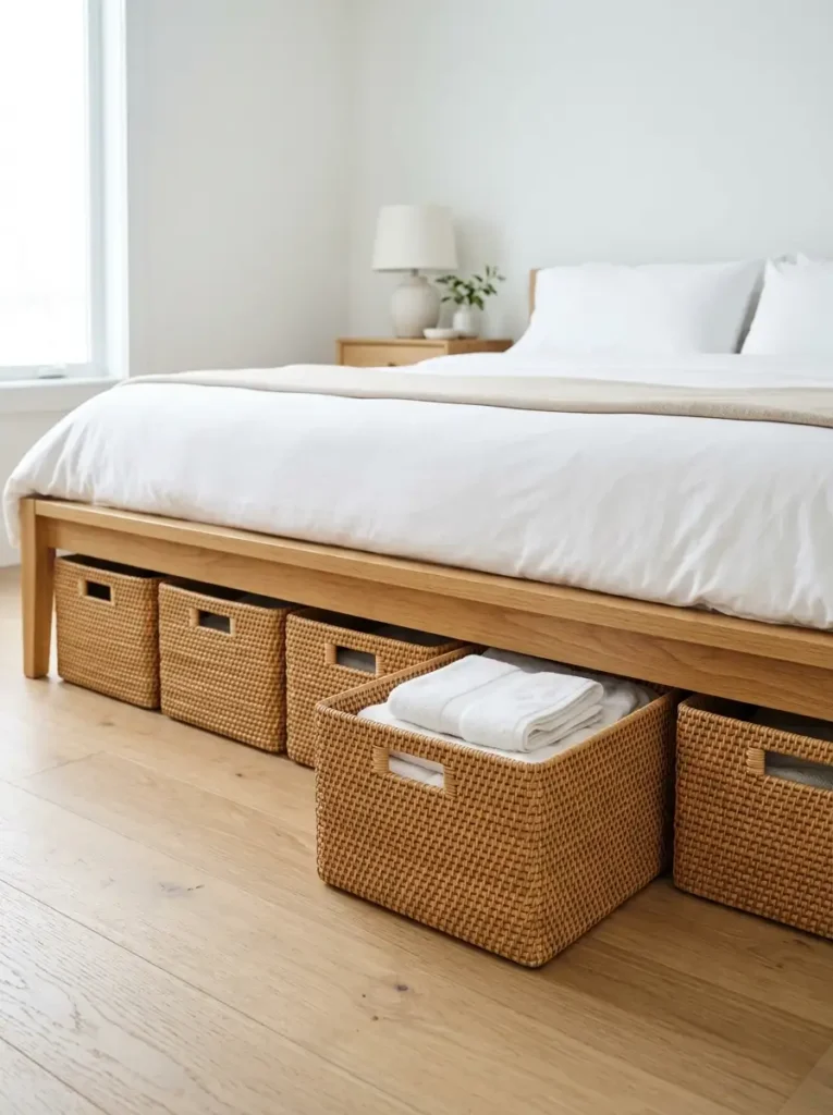 Wooden bed frame with wicker storage baskets underneath.