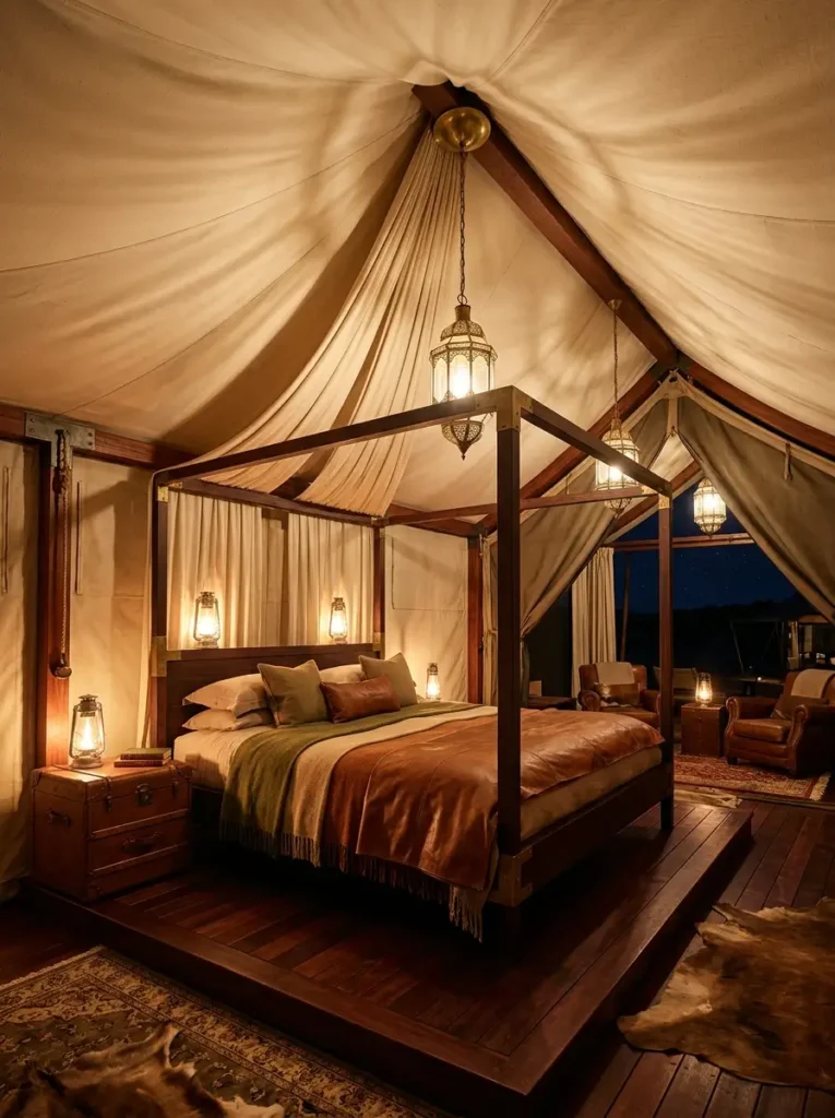 Safari tent bedroom with a draped canvas ceiling a dark wooden canopy bed leather blankets and hanging brass lanterns.