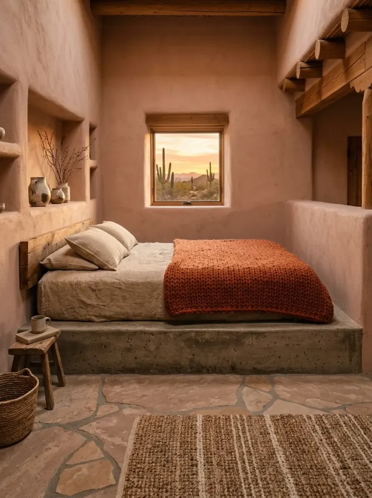 Desert bedroom with terracotta walls