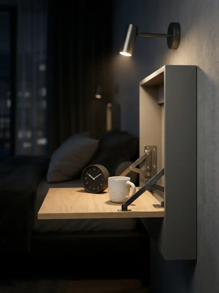 Gray fold-down nightstand mounted on a wall with a clock and coffee cup.