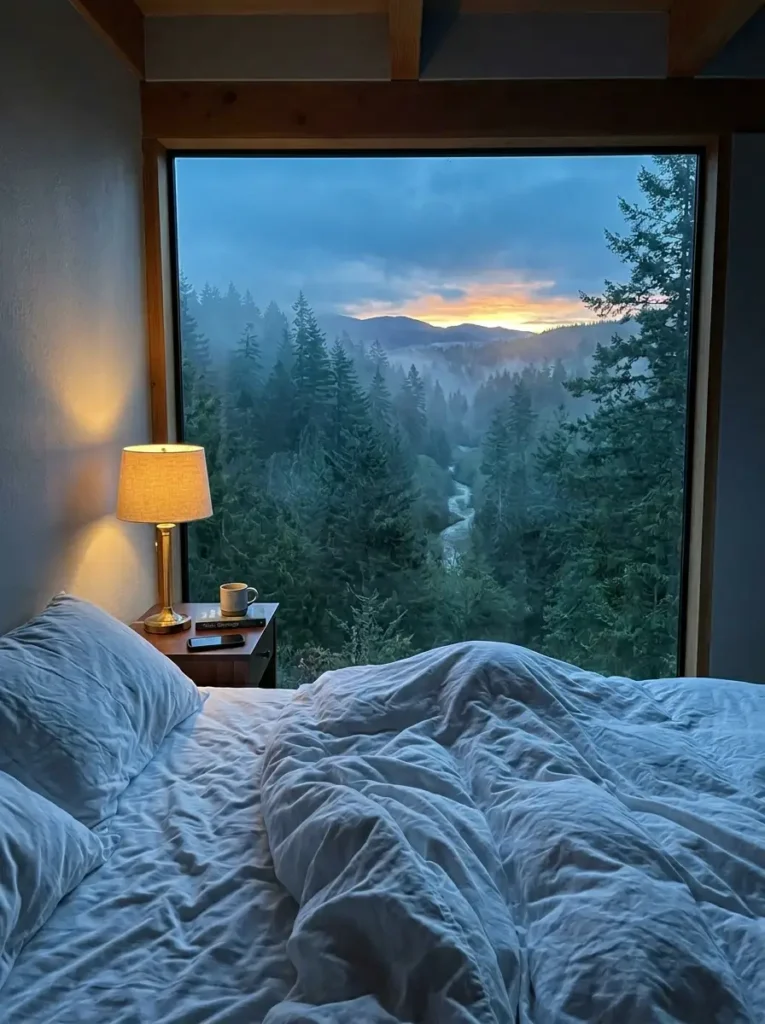 Misty forest landscape seen through a massive picture window from a bed