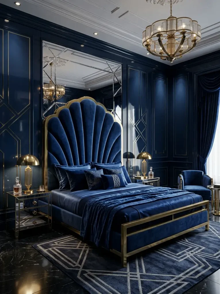 Luxurious dark blue bedroom with gold accents and a massive scalloped velvet headboard.