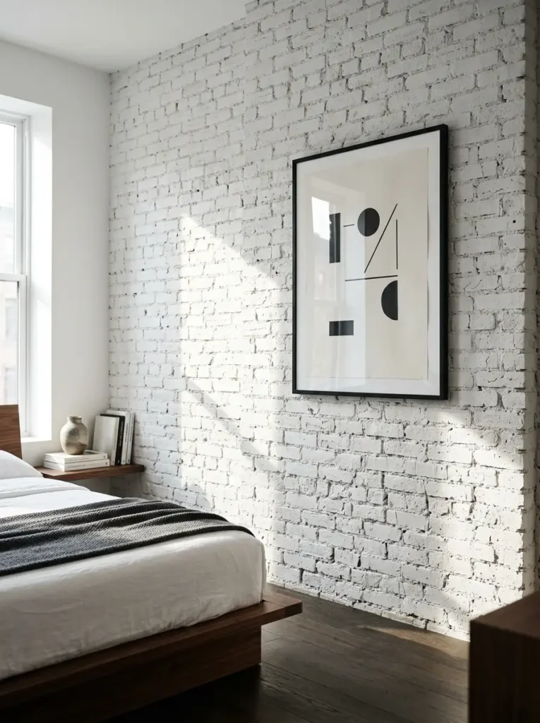 Painted white brick wall with geometric print