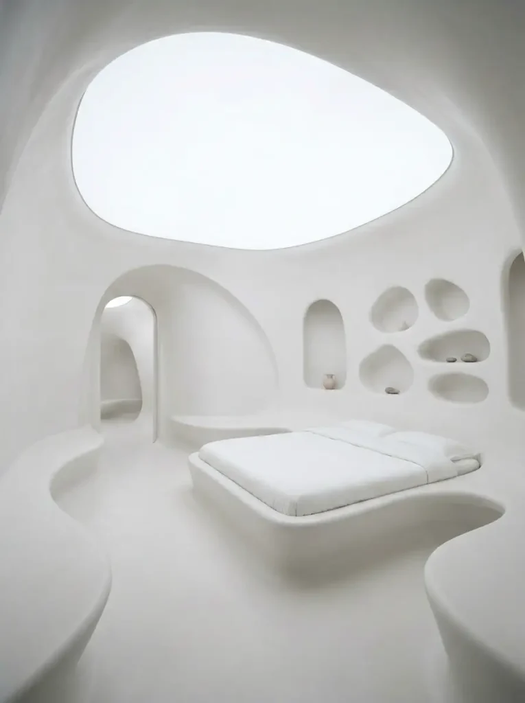 Futuristic white room with curving organic walls built in recessed shelves and a bed rising seamlessly from the floor.