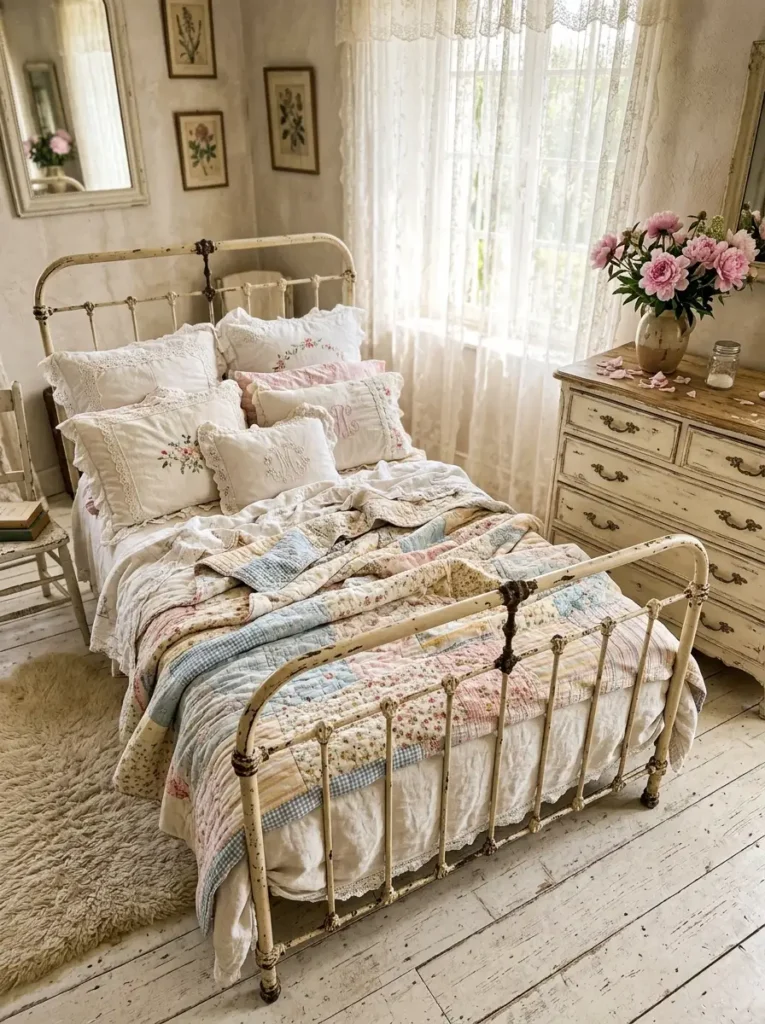 Vintage cottage bedroom with patchwork quilt
