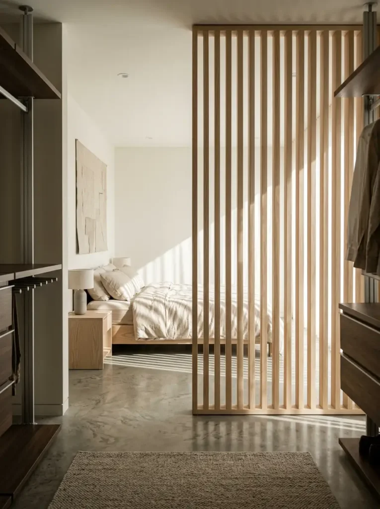 Vertical wood slat partition in bedroom