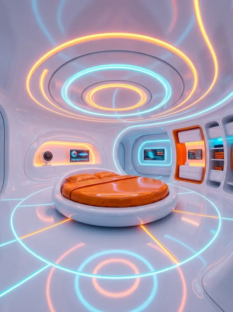 High gloss futuristic bedroom with circular neon orange and blue lights integrated screens and a round orange bed.