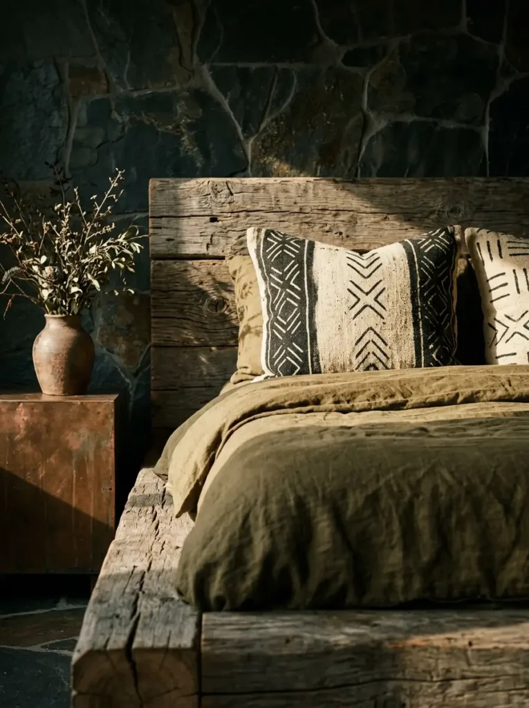Raw wood bedroom with tribal pillows