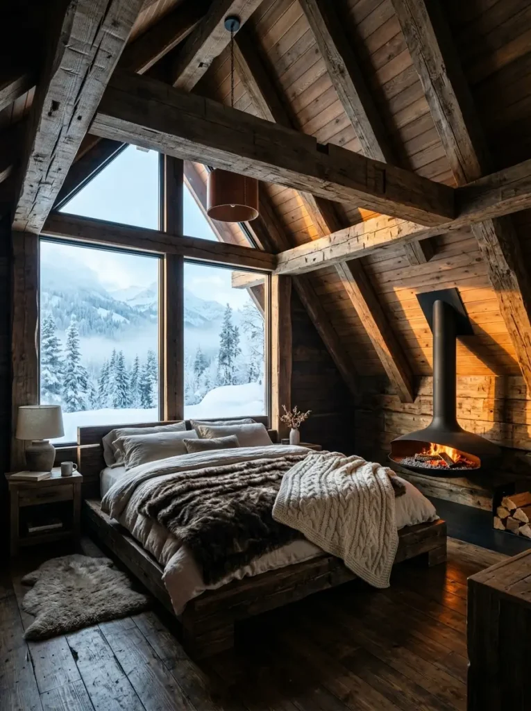A frame timber cabin bedroom with large triangular windows viewing a snowy forest a suspended black fireplace and fur blankets.