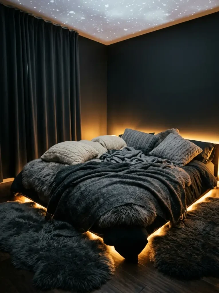 Dark bedroom with starry ceiling projection