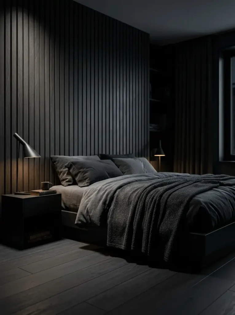 Moody bedroom with vertical black wooden wall slats a black bed with dark grey linens and slim black reading lamps.