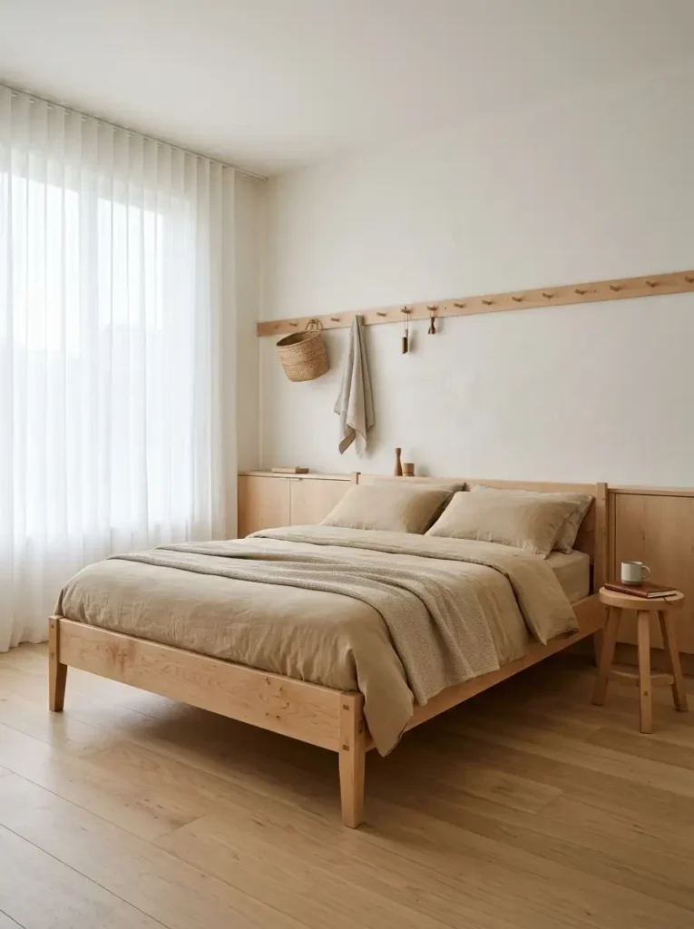 Light airy bedroom with white sheer curtains pale birch wood furniture a wall peg rack and natural beige bedding.