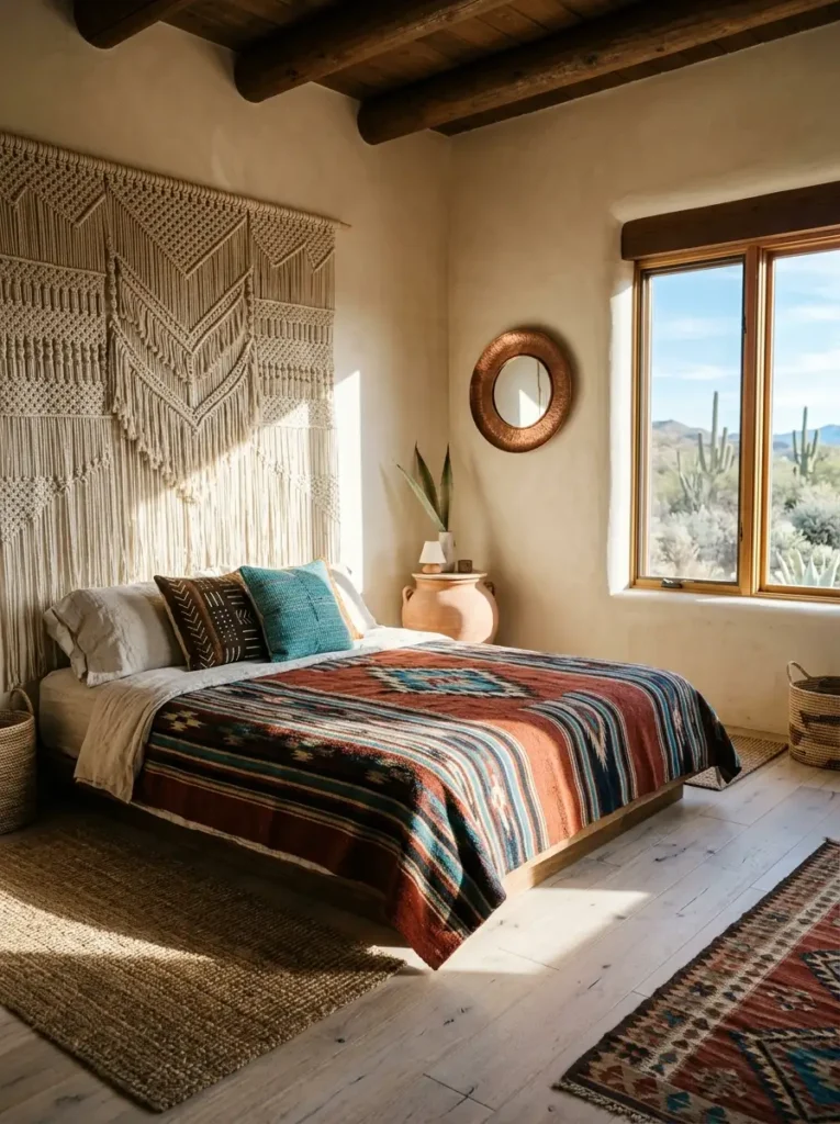 Southwestern bedroom with a large intricate macrame wall hanging a bed with a colorful tribal patterned blanket and a terracotta pot.