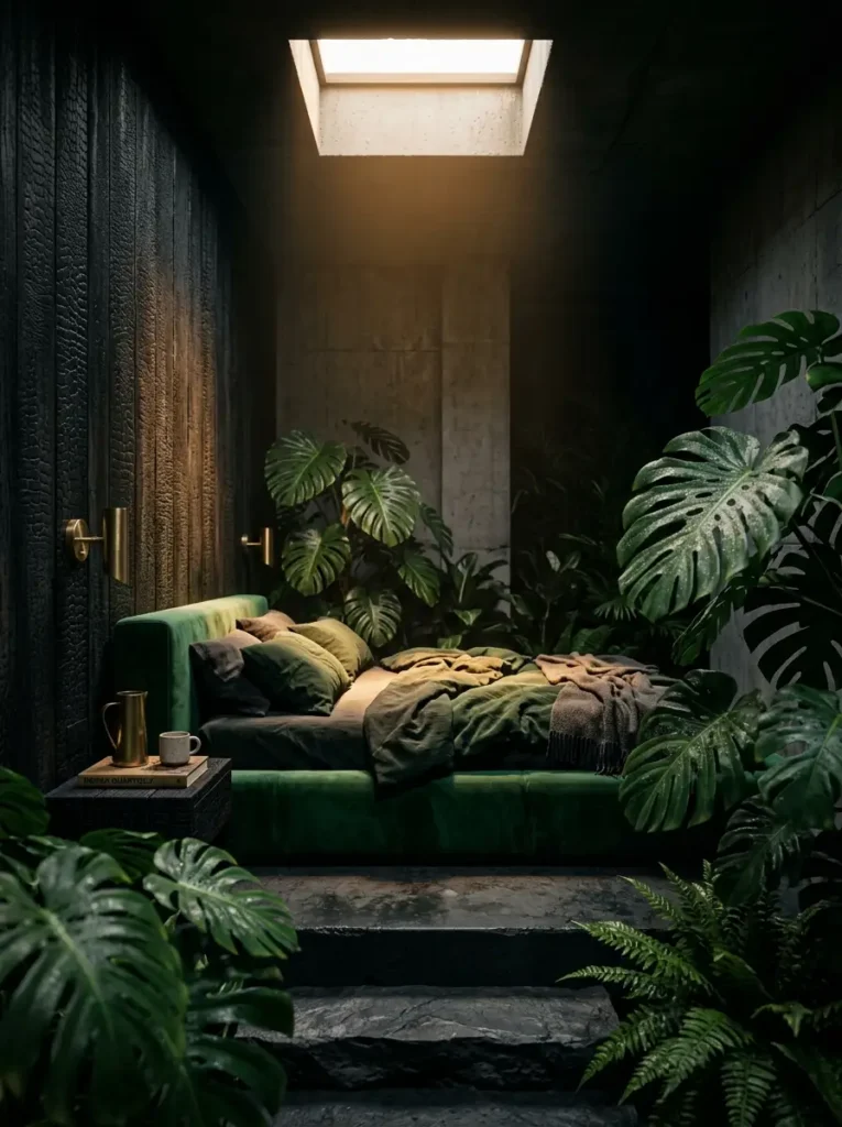 Dark moody bedroom with black charred wood walls a bright green velvet bed overgrown monstera plants and a skylight.
