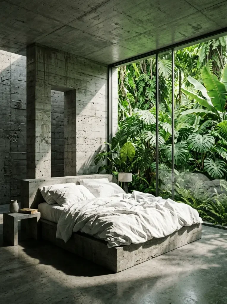 Raw concrete bedroom with a solid concrete bed frame white sheets and a large glass wall looking out into a dense tropical rainforest.