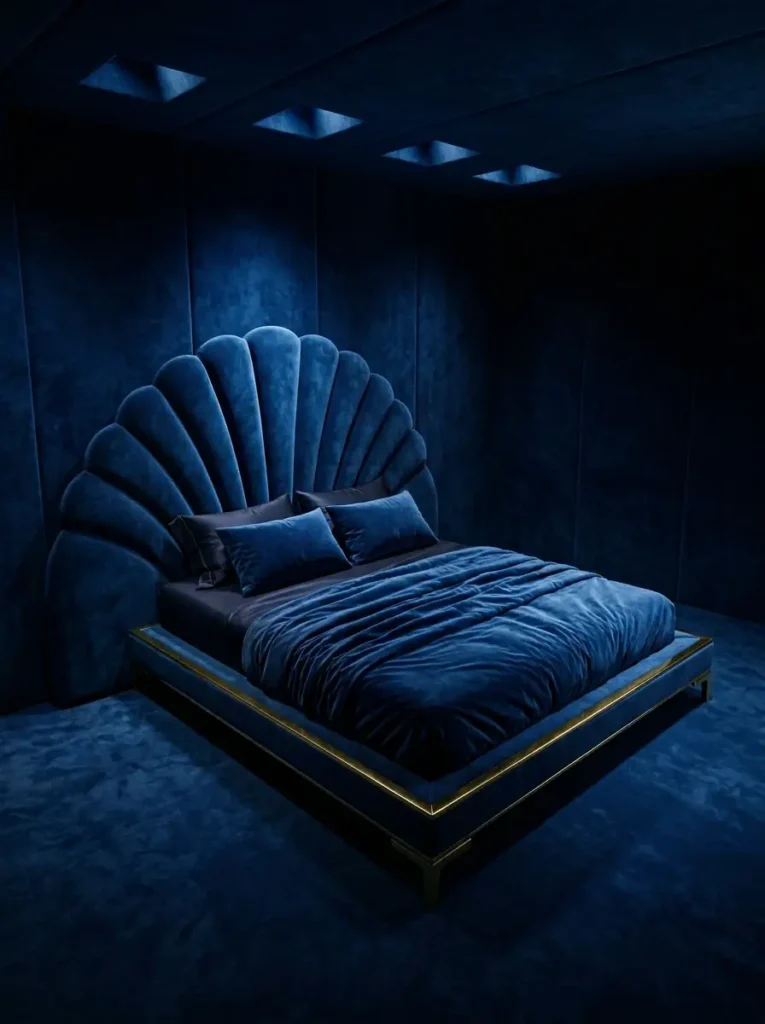 Deep navy blue bedroom featuring a huge scalloped velvet headboard and gold trim matching the walls and floor.