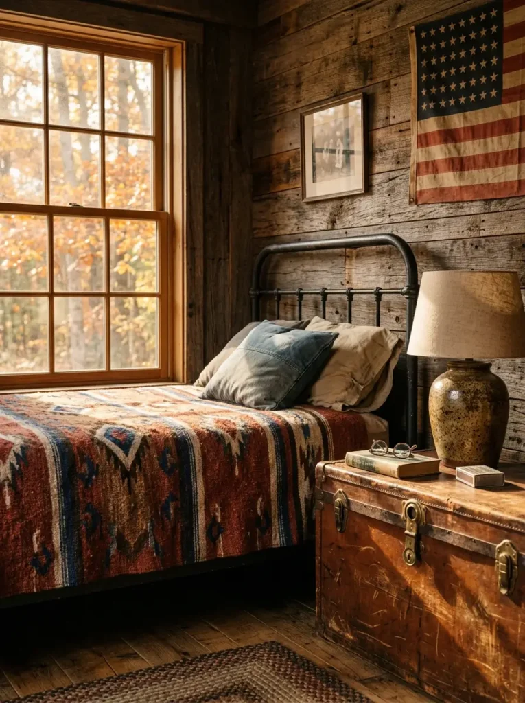 Rustic cabin bedroom with weathered wood plank walls an iron bed patterned southwestern blanket a vintage trunk and an old flag.