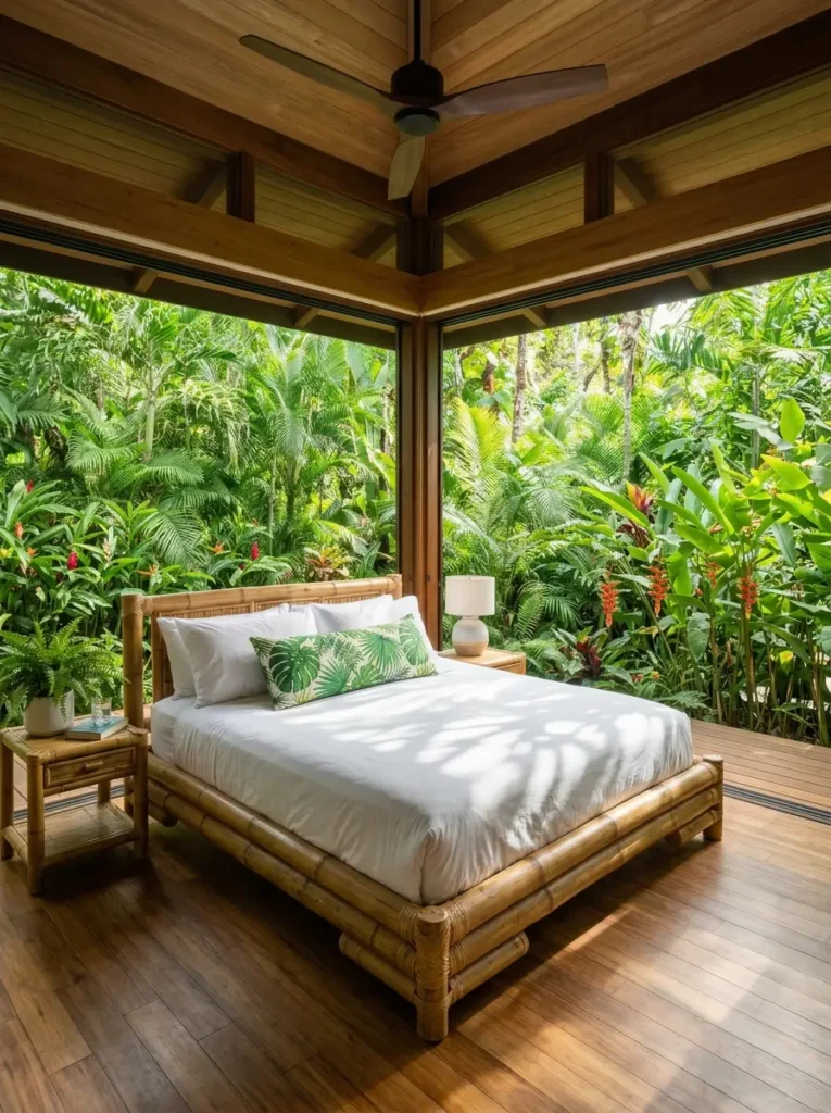 Bedroom with jungle plants and bamboo