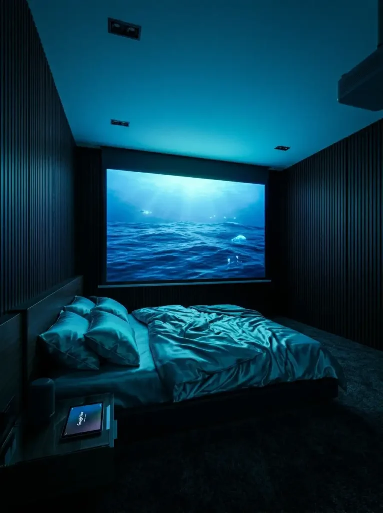 Dark cinema-style bedroom with large projection screen