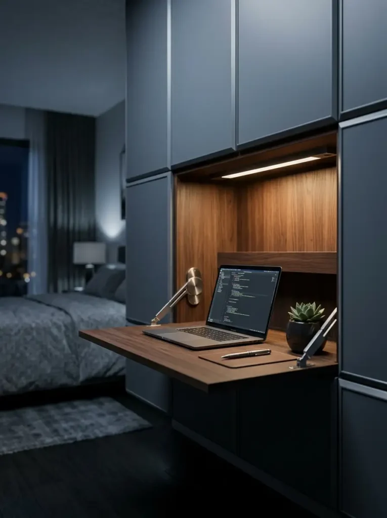 Dark blue wall unit with an integrated wooden desk workspace.