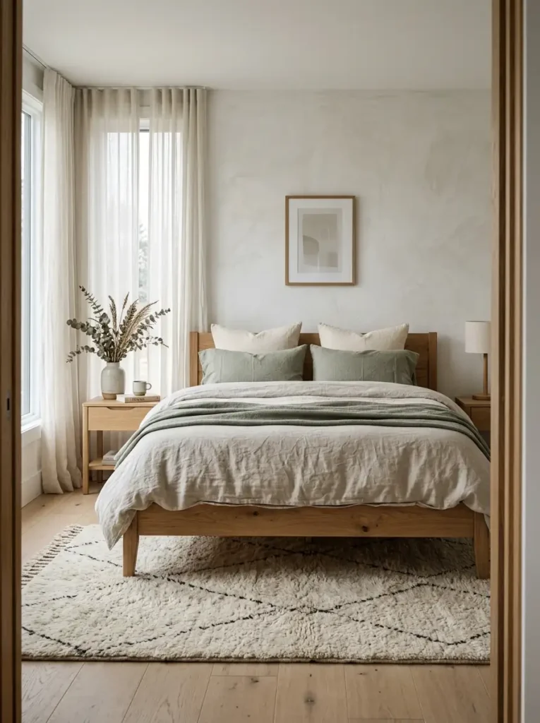 Light oak wood bed frame with sage green pillows and sheer white curtains