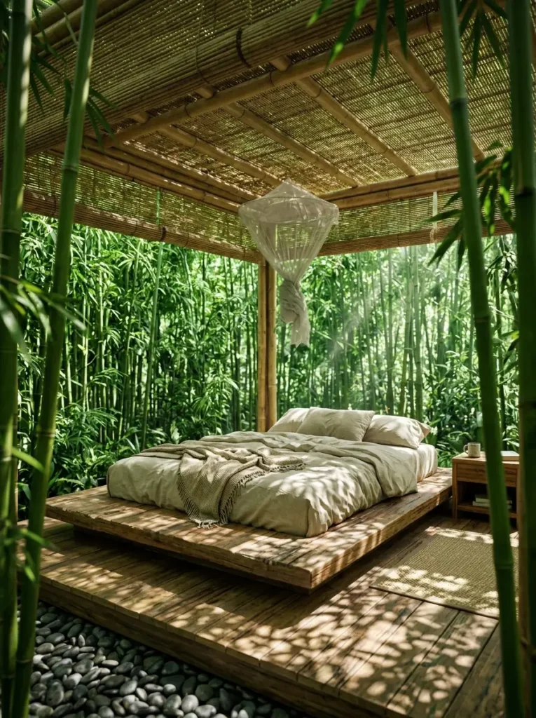 Outdoor platform bed surrounded by dense bamboo stalks under a slatted roof.