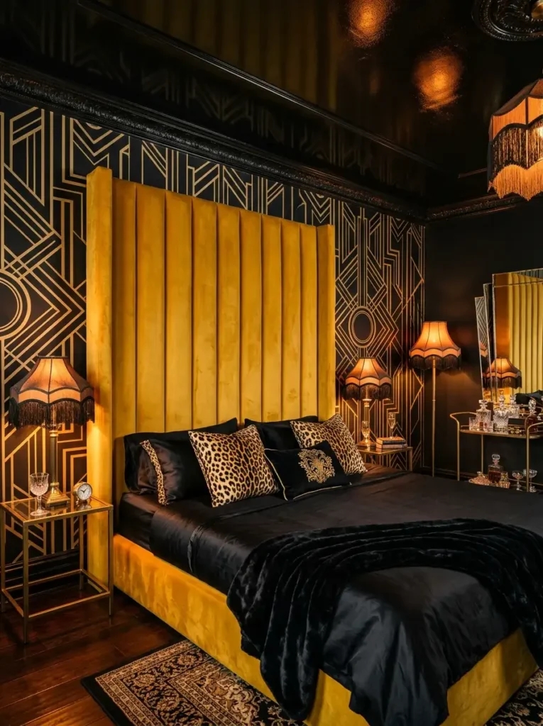 Art deco bedroom with gold patterns