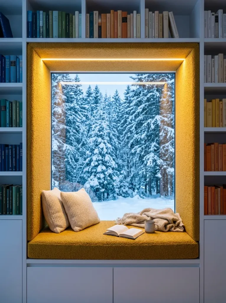 Reading nook alcove with mustard upholstery