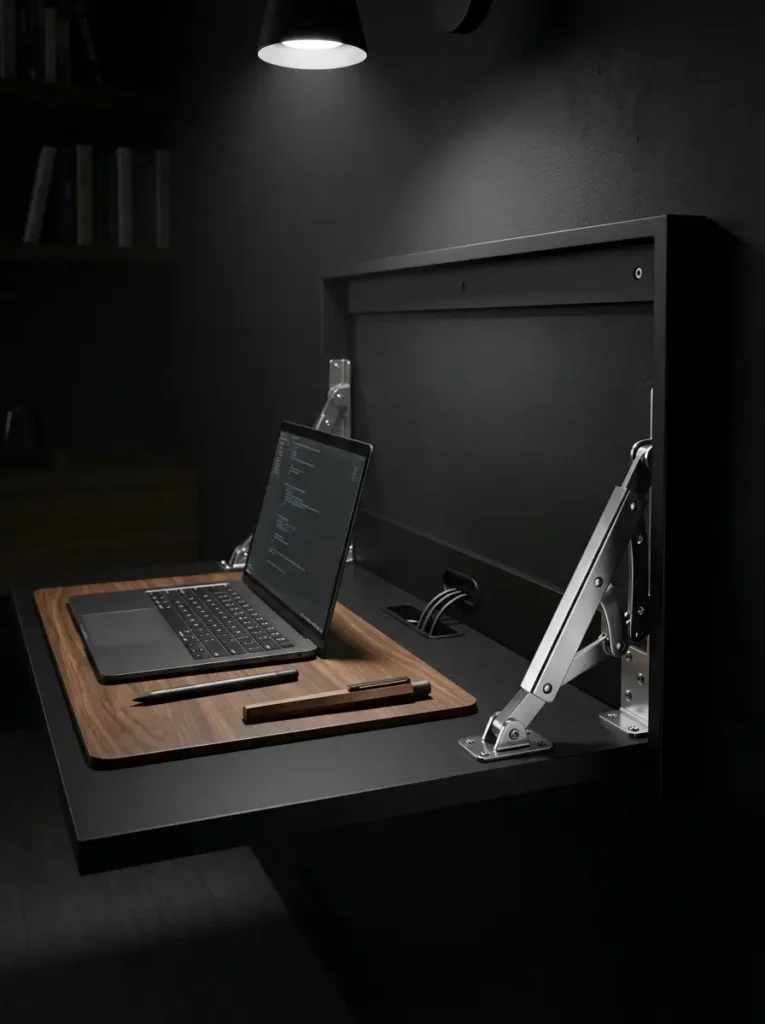 Black wall-mounted desk holding a laptop and notebook.