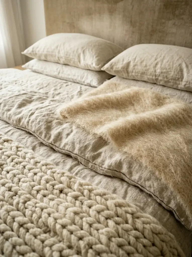 Close up of thick chunky knit blankets layered over crinkled linen sheets