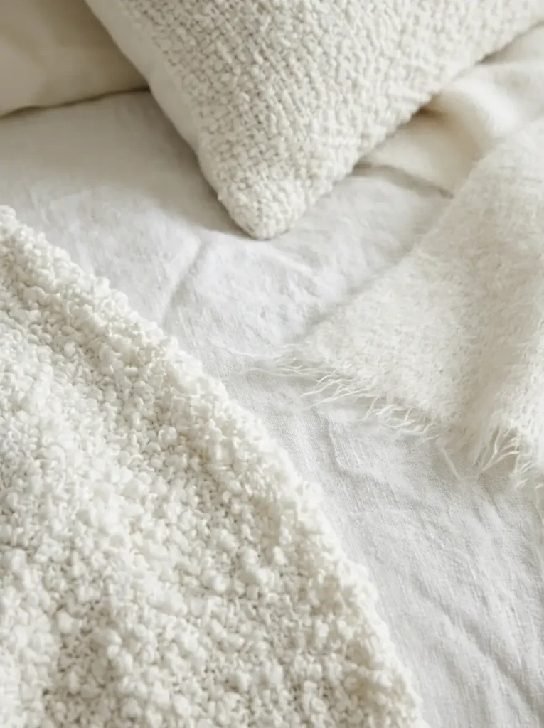 Close up of layered white bedding showing textured loops fringed edges and crinkled linen.