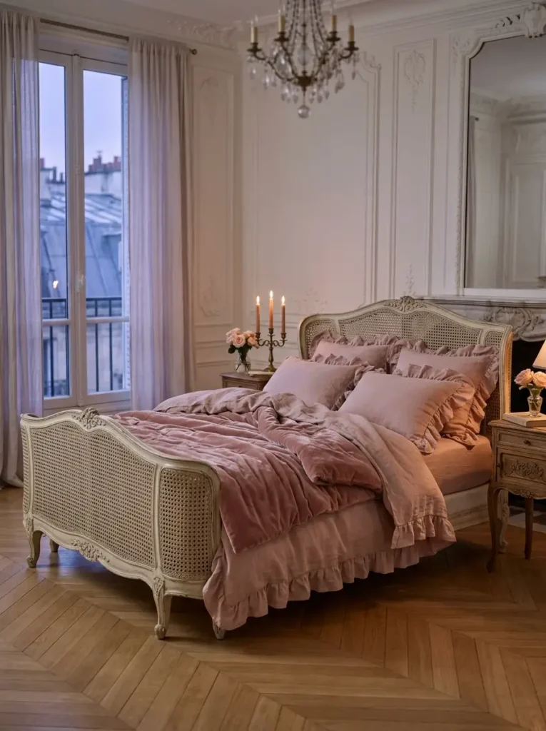 Dusty rose bedroom with ruffles