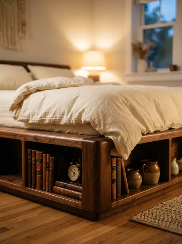 Low platform bed featuring open wooden bookshelf storage in the frame.