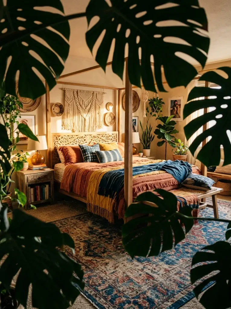 Carved wood canopy bed surrounded by large potted green indoor plants