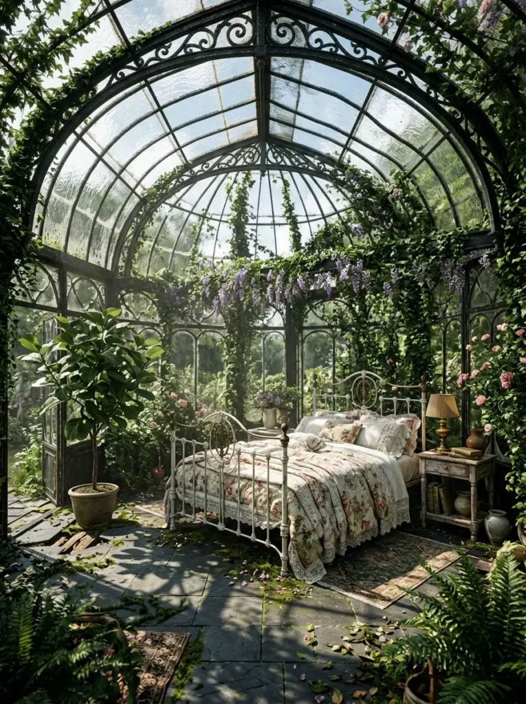 Wrought iron bed inside a vaulted glass conservatory filled with creeping ivy and potted plants.