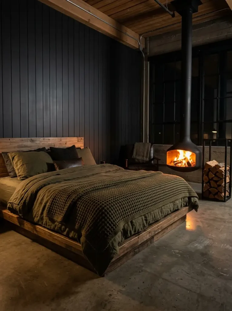 Industrial bedroom with hanging fireplace
