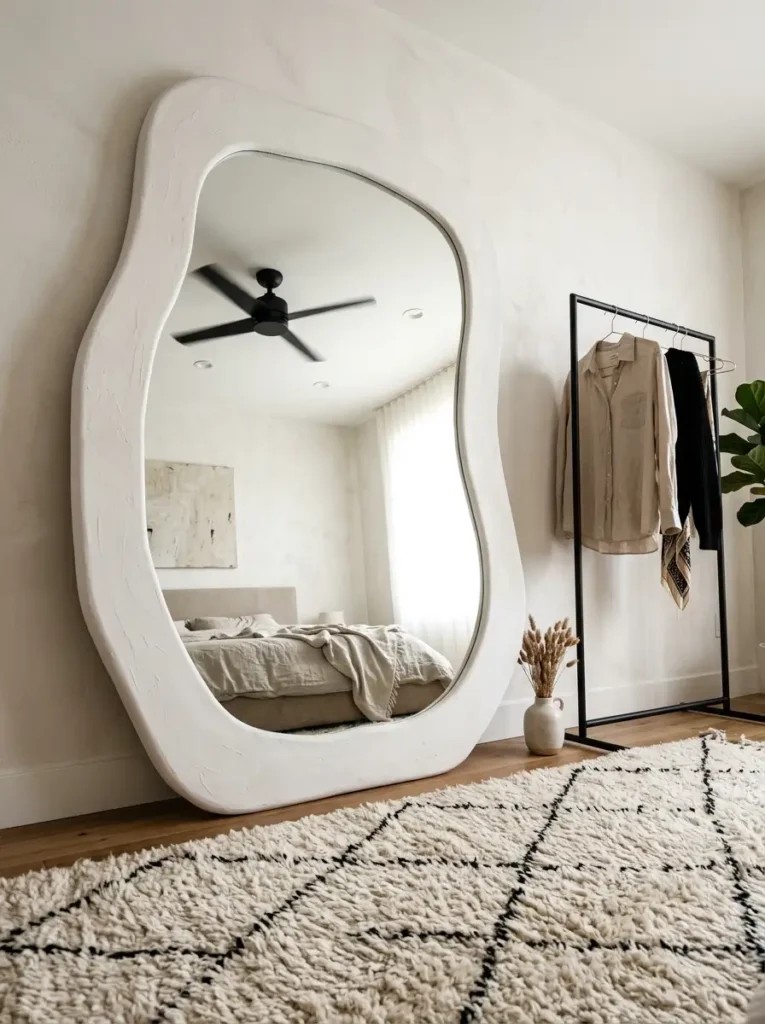 Large organic shaped floor mirror in bedroom