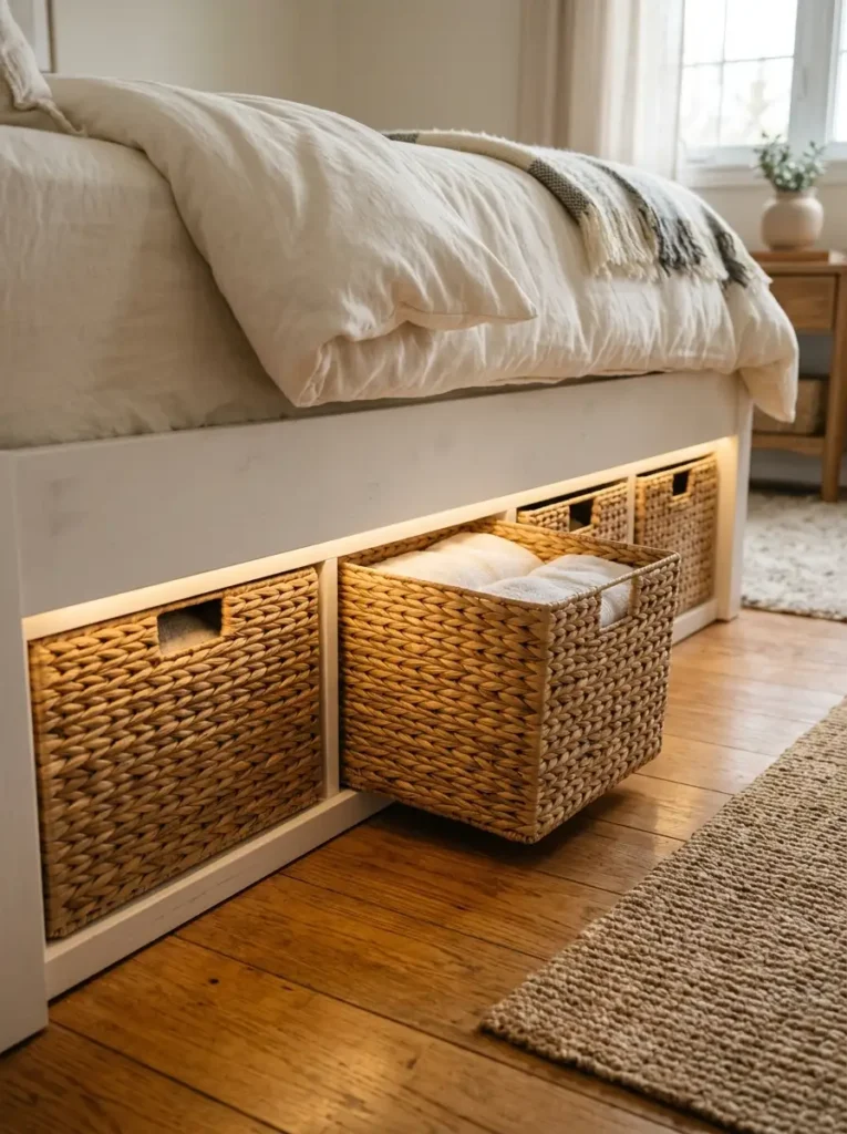 Under-bed baskets provide elegant hidden storage.