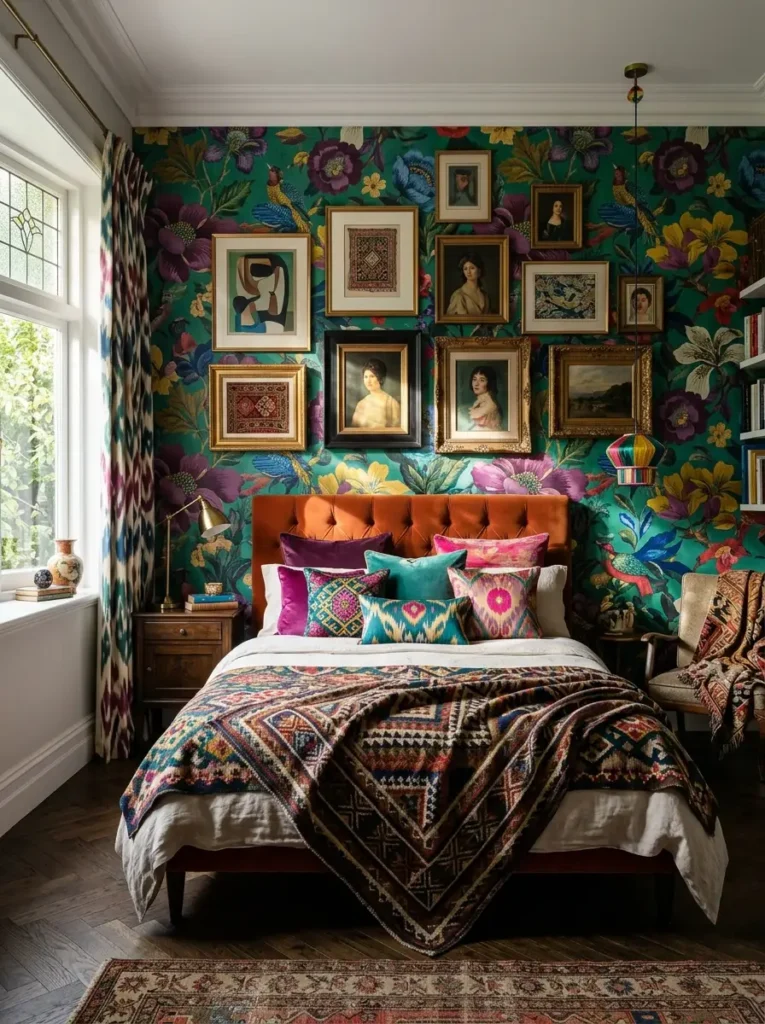 Gallery wall of vintage portraits over an orange velvet bed with floral wallpaper