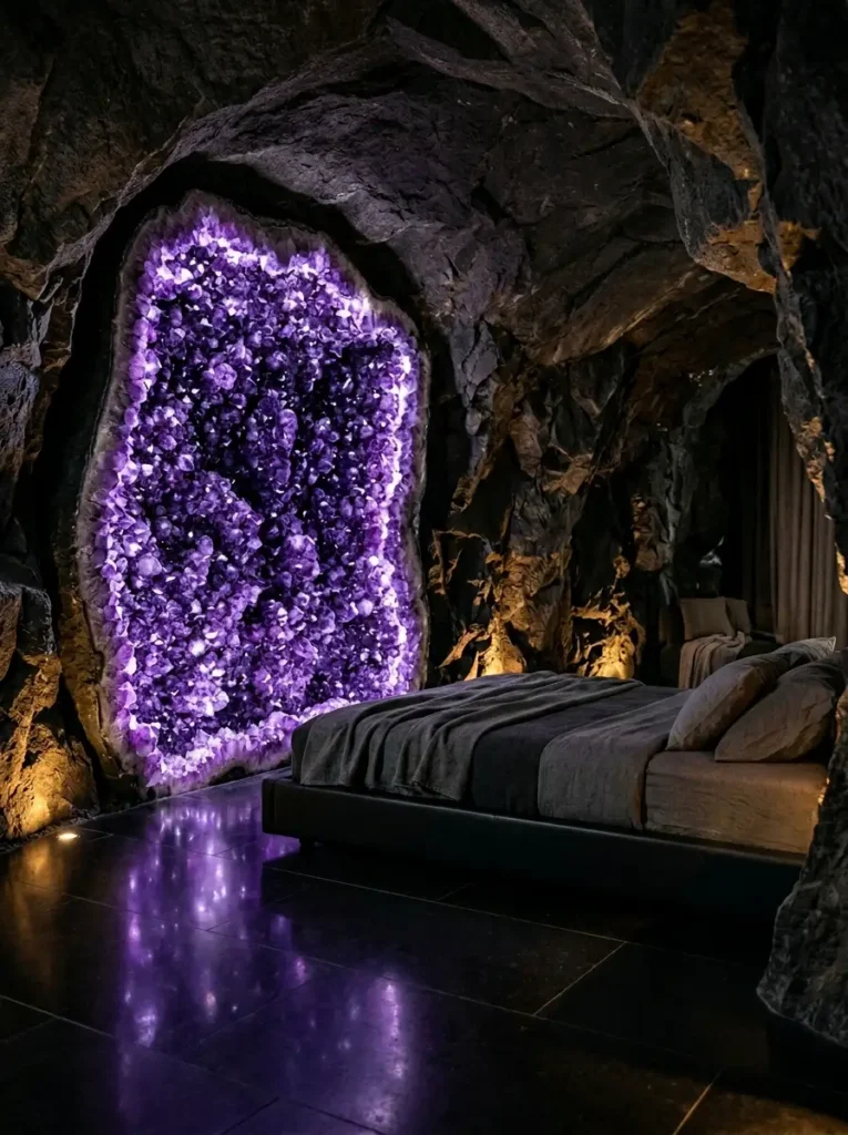 Dark rocky cave bedroom featuring a massive illuminated purple geode crystal on the wall.